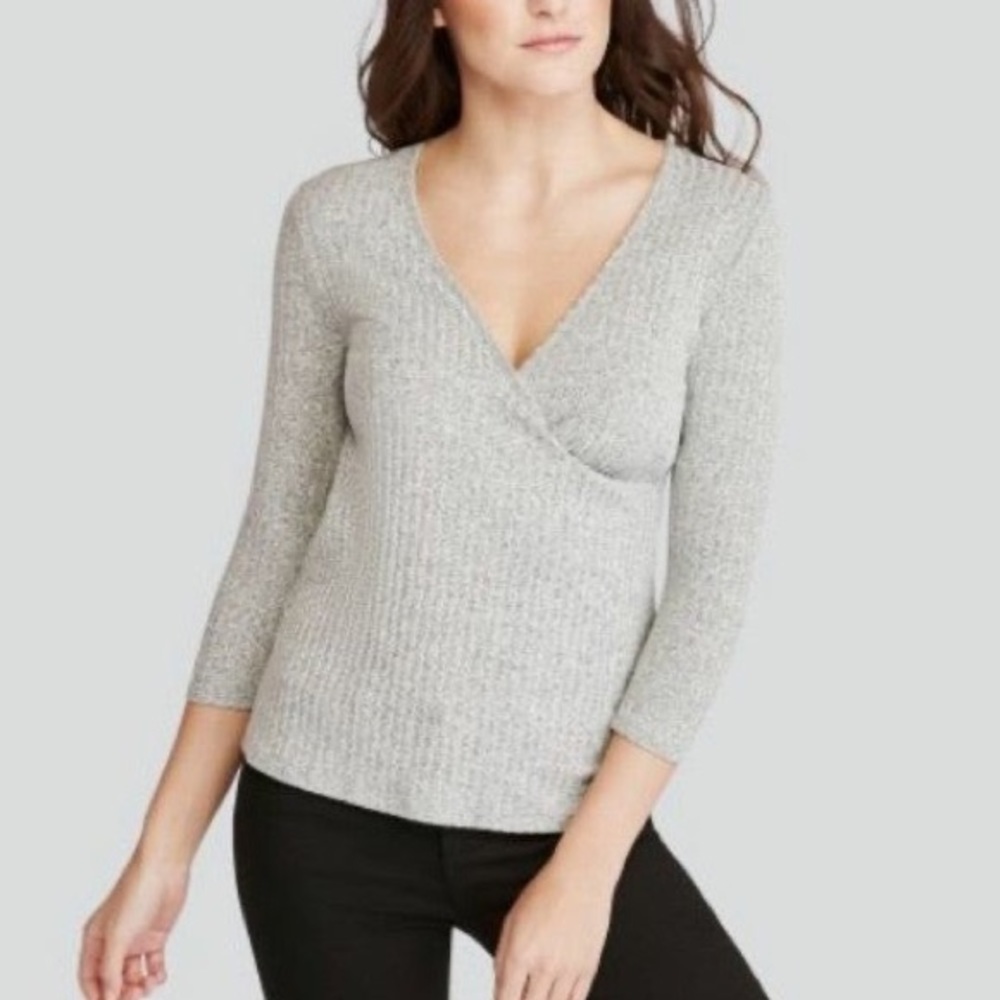 Wantable Crossfront Rib Top in Grey, size Large